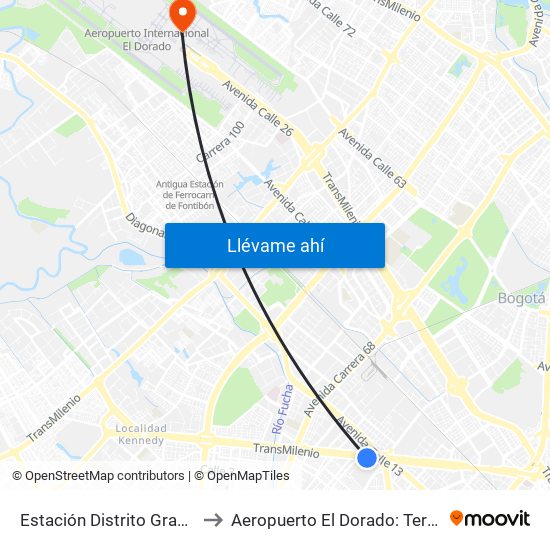 Estación Distrito Grafiti (Av. Américas - Kr 53a) to Aeropuerto El Dorado: Terminal Nacional Costado Norte map