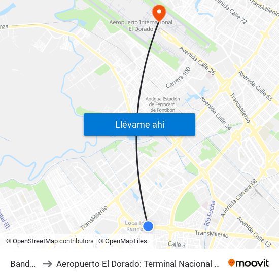 Banderas to Aeropuerto El Dorado: Terminal Nacional Costado Norte map