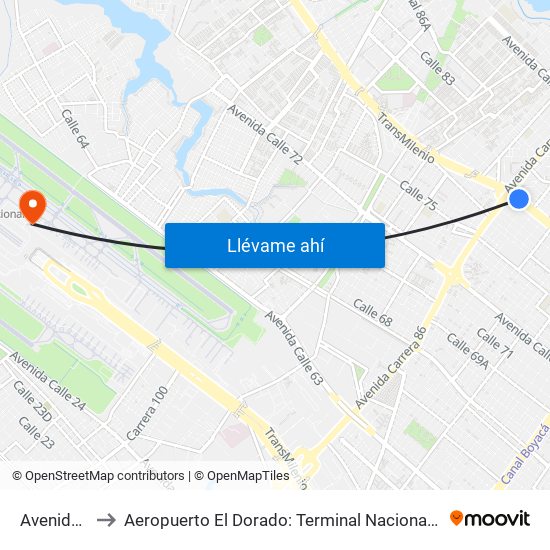 Avenida Cali to Aeropuerto El Dorado: Terminal Nacional Costado Norte map