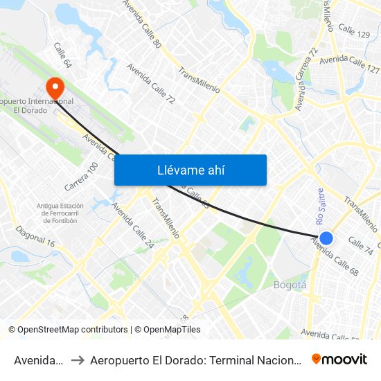 Avenida Chile to Aeropuerto El Dorado: Terminal Nacional Costado Norte map