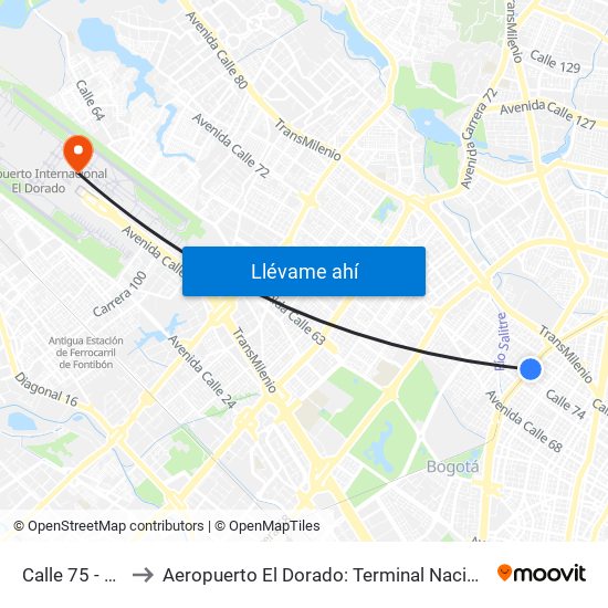 Calle 75 - Zona M to Aeropuerto El Dorado: Terminal Nacional Costado Norte map