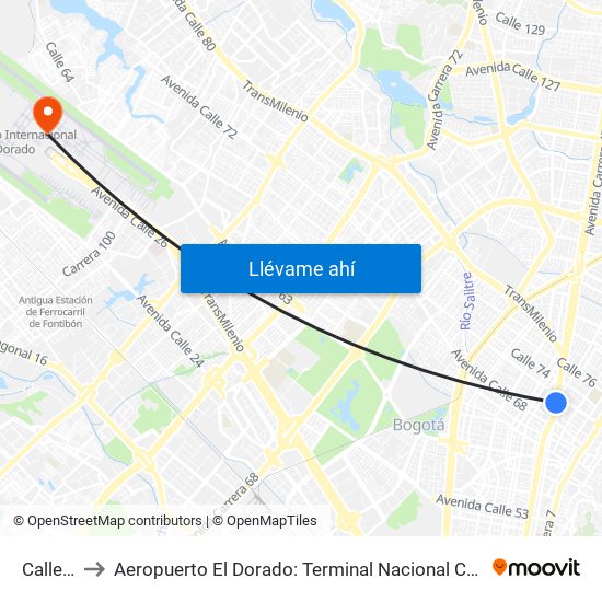 Calle 72 to Aeropuerto El Dorado: Terminal Nacional Costado Norte map