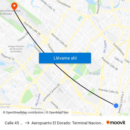 Calle 45 - Asw to Aeropuerto El Dorado: Terminal Nacional Costado Norte map