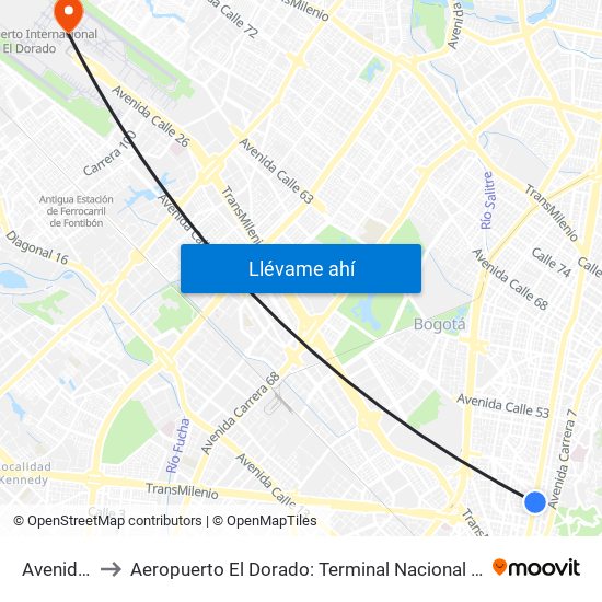 Avenida 39 to Aeropuerto El Dorado: Terminal Nacional Costado Norte map