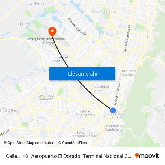 Calle 26 to Aeropuerto El Dorado: Terminal Nacional Costado Norte map