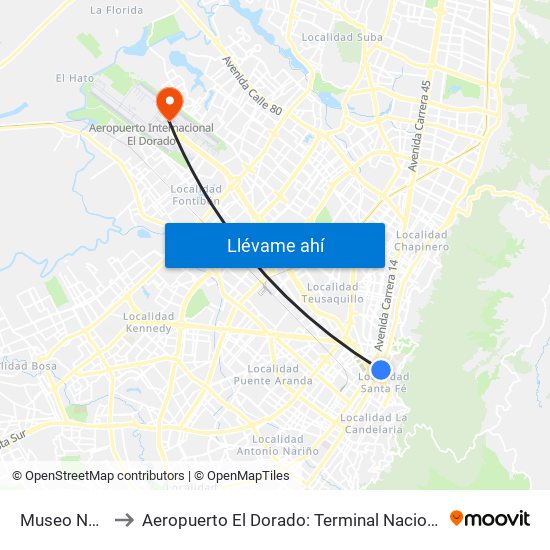 Museo Nacional to Aeropuerto El Dorado: Terminal Nacional Costado Norte map