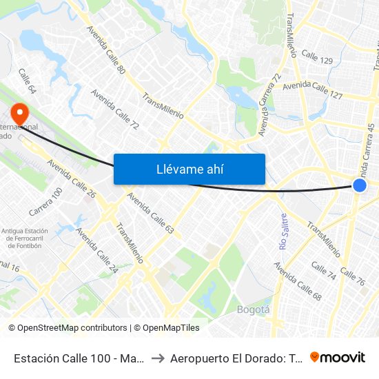 Estación Calle 100 - Marketmedios (Auto Norte - Cl 98) to Aeropuerto El Dorado: Terminal Nacional Costado Norte map