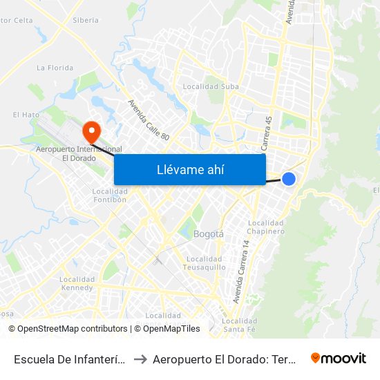 Escuela De Infantería (Ac 100 - Kr 11a) (B) to Aeropuerto El Dorado: Terminal Nacional Costado Norte map