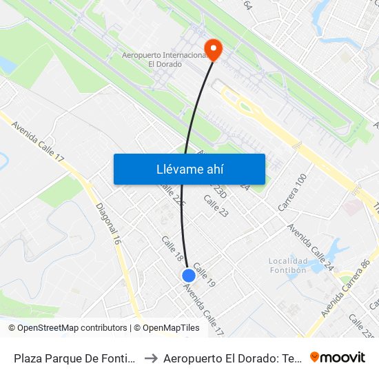 Plaza Parque De Fontibón Kr 100 (Kr 100 - Cl 17a) to Aeropuerto El Dorado: Terminal Nacional Costado Norte map