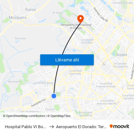 Hospital Pablo VI Bosa (Cl 63 Sur - Kr 77g) (A) to Aeropuerto El Dorado: Terminal Nacional Costado Norte map