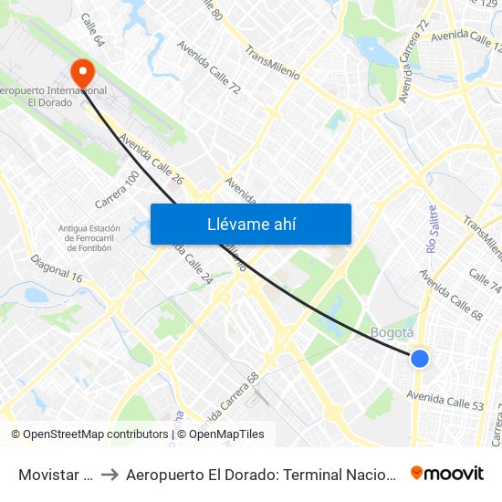 Movistar Arena to Aeropuerto El Dorado: Terminal Nacional Costado Norte map