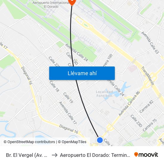 Br. El Vergel (Av. C. De Cali - Cl 18) to Aeropuerto El Dorado: Terminal Nacional Costado Norte map