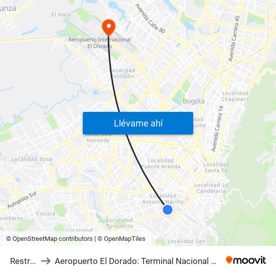 Restrepo to Aeropuerto El Dorado: Terminal Nacional Costado Norte map