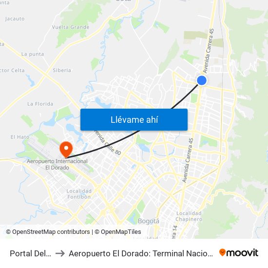 Portal Del Norte to Aeropuerto El Dorado: Terminal Nacional Costado Norte map