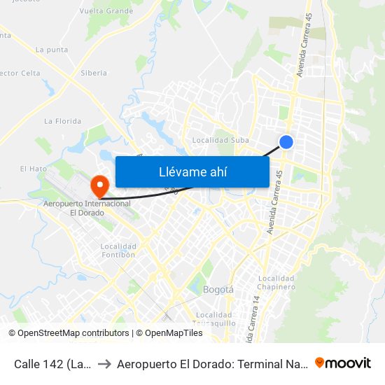 Calle 142 (Lado Norte) to Aeropuerto El Dorado: Terminal Nacional Costado Norte map