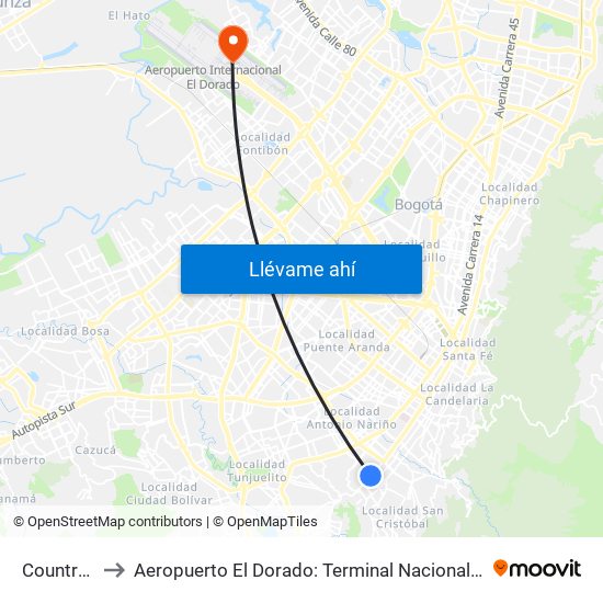 Country Sur to Aeropuerto El Dorado: Terminal Nacional Costado Norte map