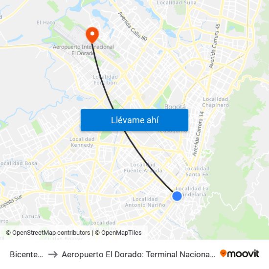 Bicentenario to Aeropuerto El Dorado: Terminal Nacional Costado Norte map