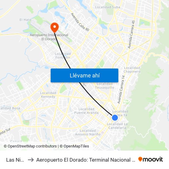 Las Nieves to Aeropuerto El Dorado: Terminal Nacional Costado Norte map