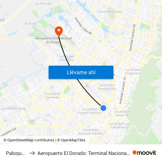 Paloquemao to Aeropuerto El Dorado: Terminal Nacional Costado Norte map