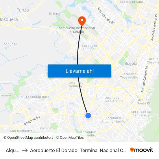 Alquería to Aeropuerto El Dorado: Terminal Nacional Costado Norte map