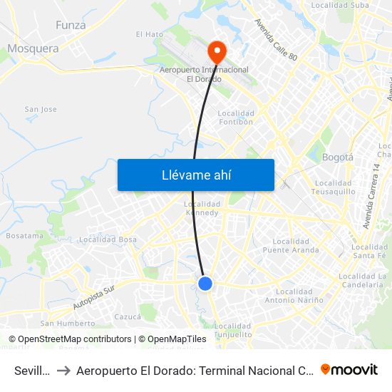 Sevillana to Aeropuerto El Dorado: Terminal Nacional Costado Norte map