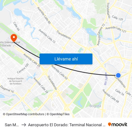 San Martín to Aeropuerto El Dorado: Terminal Nacional Costado Norte map