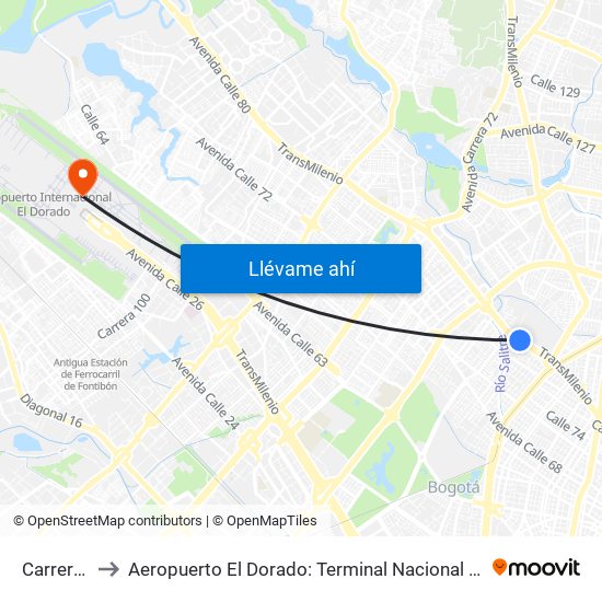 Carrera 47 to Aeropuerto El Dorado: Terminal Nacional Costado Norte map