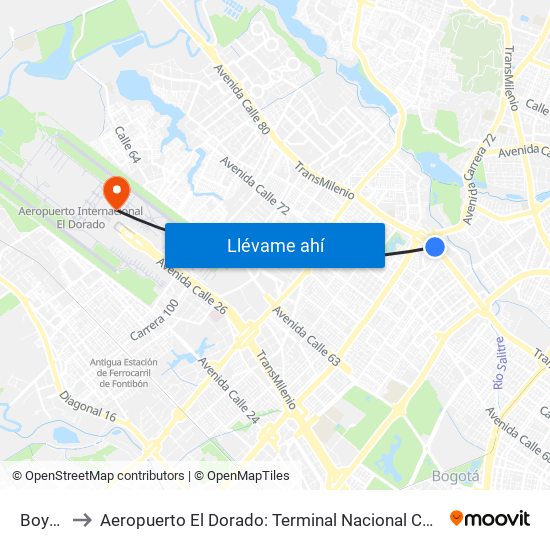 Boyacá to Aeropuerto El Dorado: Terminal Nacional Costado Norte map