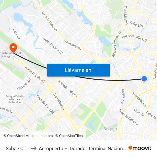 Suba - Calle 95 to Aeropuerto El Dorado: Terminal Nacional Costado Norte map