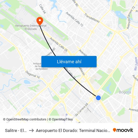 Salitre - El Greco to Aeropuerto El Dorado: Terminal Nacional Costado Norte map