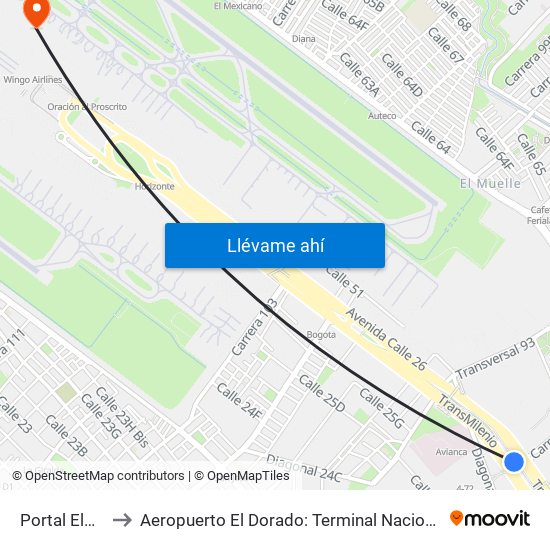 Portal Eldorado to Aeropuerto El Dorado: Terminal Nacional Costado Norte map