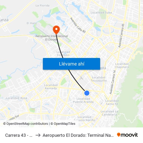 Carrera 43 - Comapan to Aeropuerto El Dorado: Terminal Nacional Costado Norte map