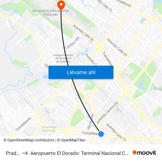 Pradera to Aeropuerto El Dorado: Terminal Nacional Costado Norte map