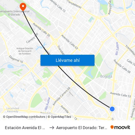 Estación Avenida El Dorado (Av. NQS - Cl 40a) to Aeropuerto El Dorado: Terminal Nacional Costado Norte map