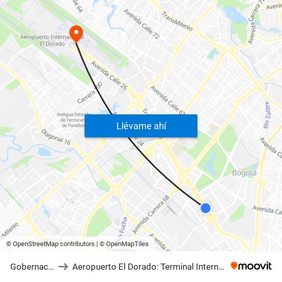 Gobernación to Aeropuerto El Dorado: Terminal Internacional map