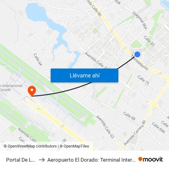 Portal De La 80 to Aeropuerto El Dorado: Terminal Internacional map