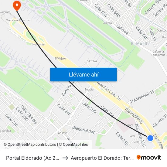 Portal Eldorado (Ac 26 - Av. C. De Cali) to Aeropuerto El Dorado: Terminal Internacional map