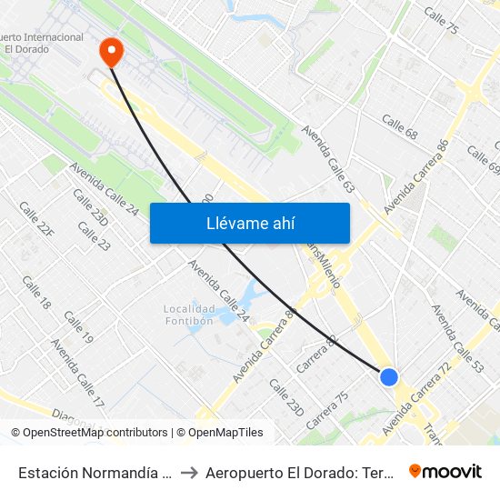 Estación Normandía (Ac 26 - Kr 74) to Aeropuerto El Dorado: Terminal Internacional map