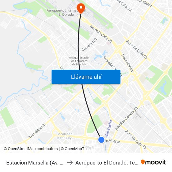 Estación Marsella (Av. Américas - Kr 69b) to Aeropuerto El Dorado: Terminal Internacional map