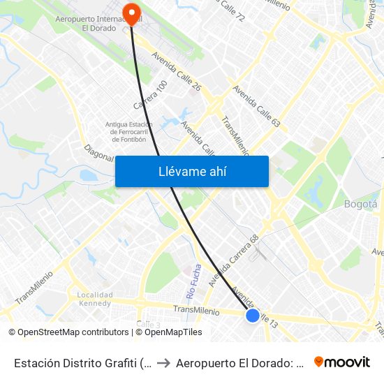 Estación Distrito Grafiti (Av. Américas - Kr 53a) to Aeropuerto El Dorado: Terminal Internacional map