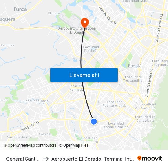 General Santander to Aeropuerto El Dorado: Terminal Internacional map