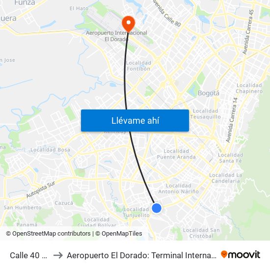 Calle 40 Sur to Aeropuerto El Dorado: Terminal Internacional map