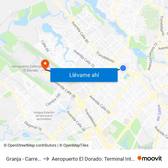 Granja - Carrera 77 to Aeropuerto El Dorado: Terminal Internacional map