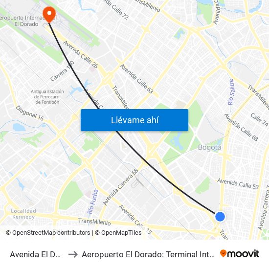 Avenida El Dorado to Aeropuerto El Dorado: Terminal Internacional map