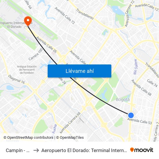 Campín - Uan to Aeropuerto El Dorado: Terminal Internacional map