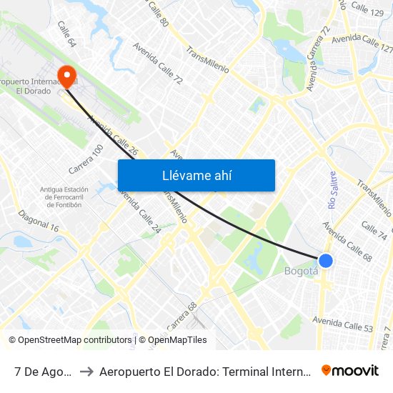 7 De Agosto to Aeropuerto El Dorado: Terminal Internacional map