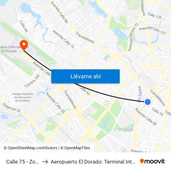 Calle 75 - Zona M to Aeropuerto El Dorado: Terminal Internacional map