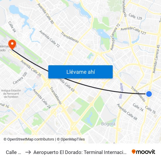 Calle 85 to Aeropuerto El Dorado: Terminal Internacional map