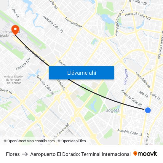 Flores to Aeropuerto El Dorado: Terminal Internacional map