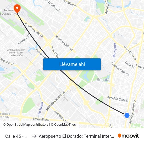 Calle 45 - Asw to Aeropuerto El Dorado: Terminal Internacional map